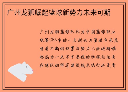 广州龙狮崛起篮球新势力未来可期