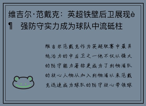 维吉尔·范戴克：英超铁壁后卫展现超强防守实力成为球队中流砥柱