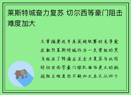 莱斯特城奋力复苏 切尔西等豪门阻击难度加大